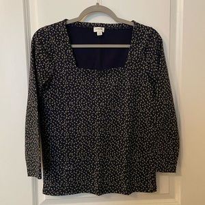 Navy Floral JCrew Top, Three Quarter Sleeve, Stretchy Material